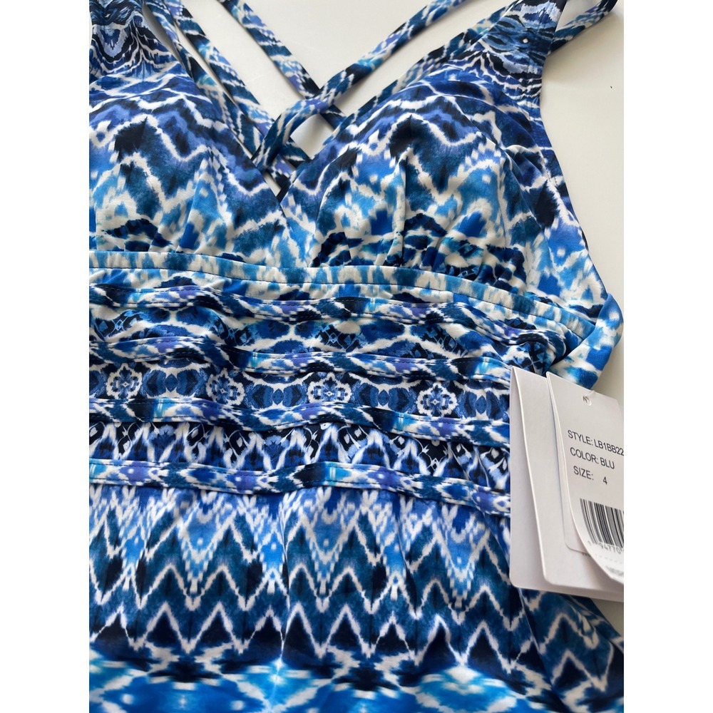 La Blanca Blue Oasis Criss Cross One Piece Tummy Control Swimsuit Women's Size 4 - Picture 6 of 7